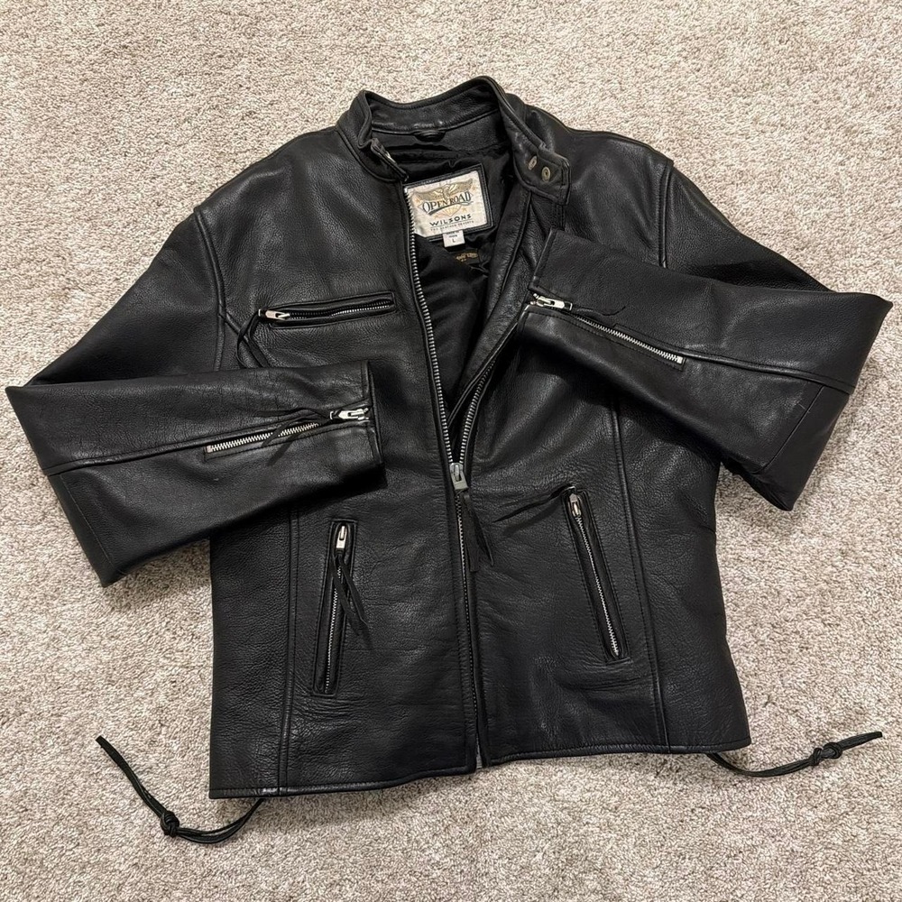 Rare 90s Vintage Wilsons Leather Open Road Moto Jacket | Black Leather | Large